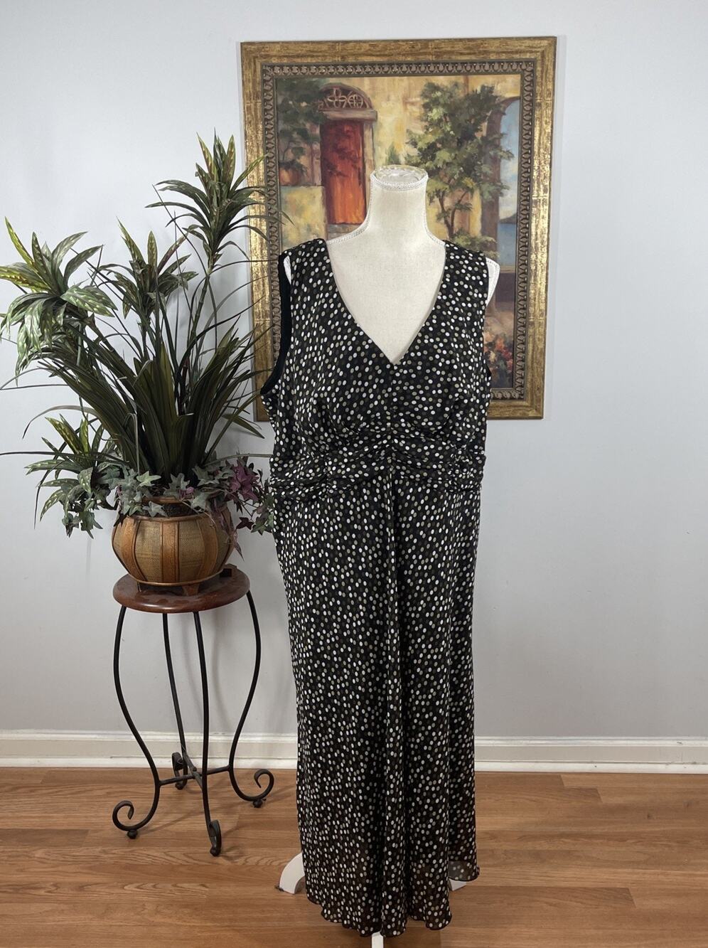 Jonathan Martin Studio Women' Maxi Dress 18W Black Polka Dot Sleeveless Lined‎
